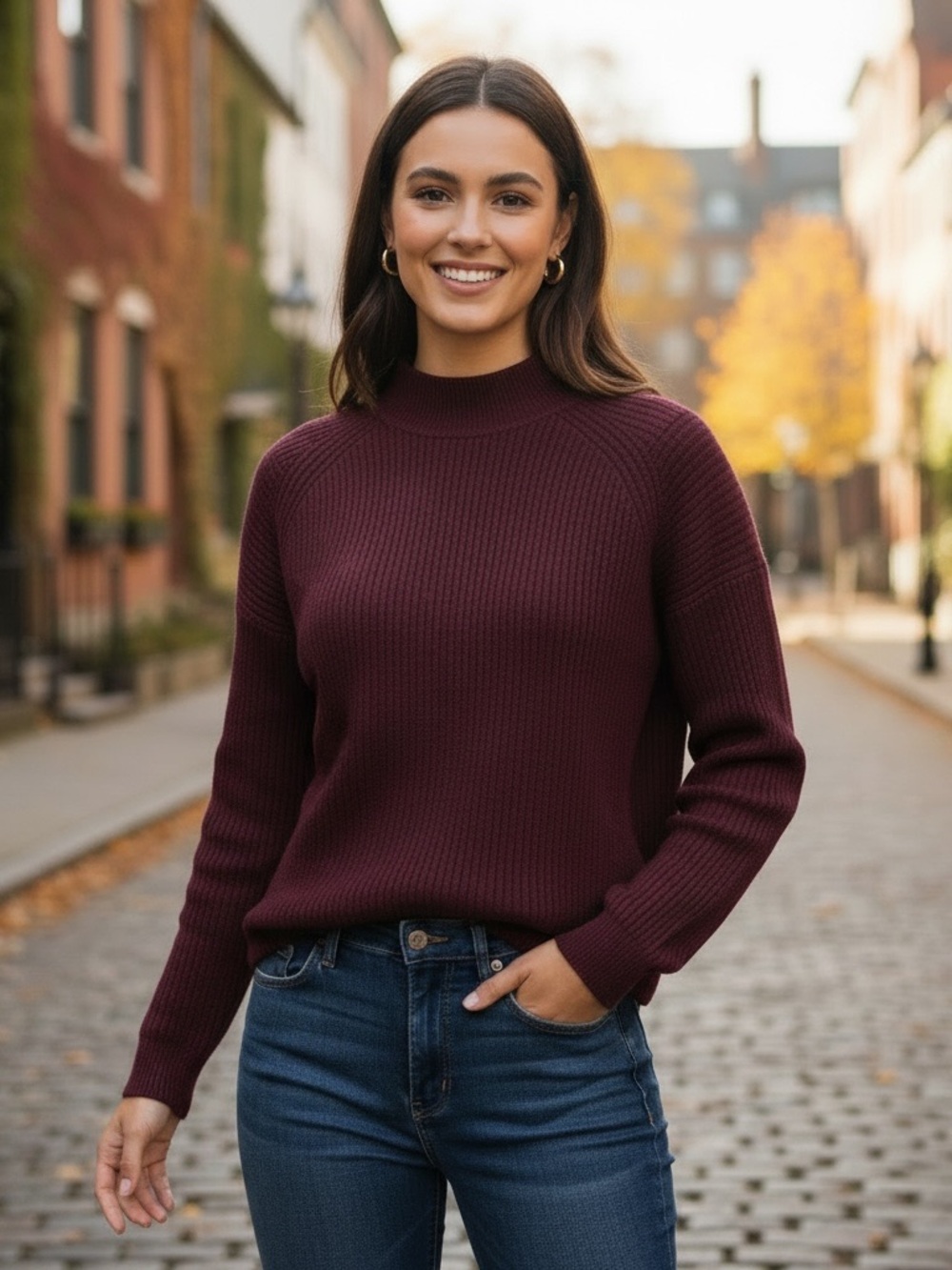 Design Lab Lord & Taylor Burgundy Ribbed Mock Neck Sweater